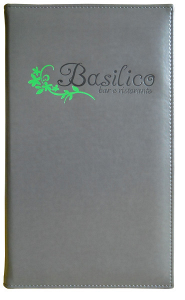 Menu card No. 120 - made of charcoal eco leather, colourful printed design
