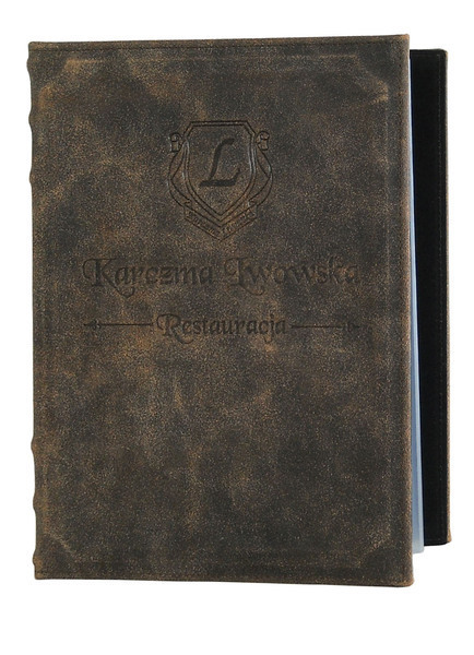 Menu card No. 121 - natural leather with decorative frame and bulges on spine