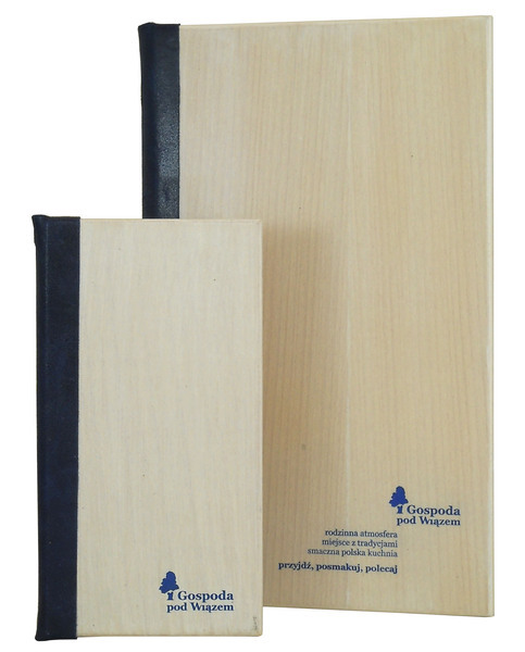 Menu card No. 127 - white-stained wood, navy blue logo engraved with laser