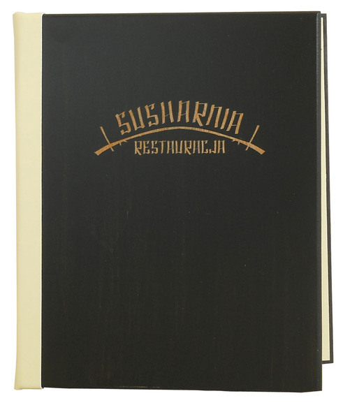 Karta menu nr 131 - karta drewniana bejcowana na czarno,  logo wypalone w kolorze drewna