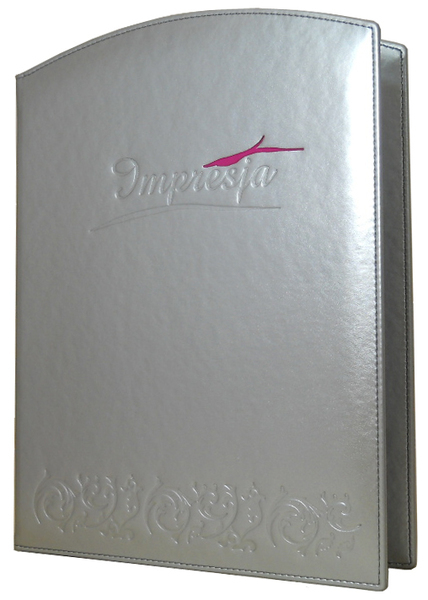 Menu card No. 196 - Menu cards made of eco leather with embossing, with pink overprint and rounded upper edge