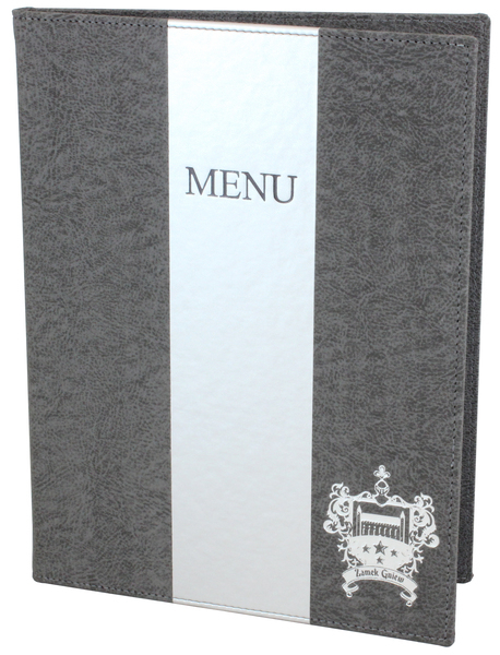 Menu card No. 206 - card made of grey eco leather with silver insert and silver overprint