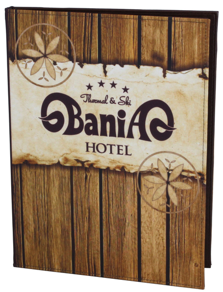 Menu card No. 210 - cover printed on fabric, pattern imitating boards