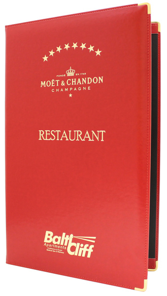 Menu card No. 348 -  golden decorative metal corners and giled logo