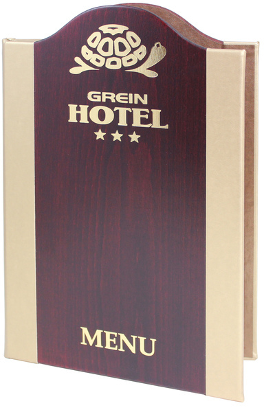 Menu card No. 374 - wooden cover with arch and giled logo